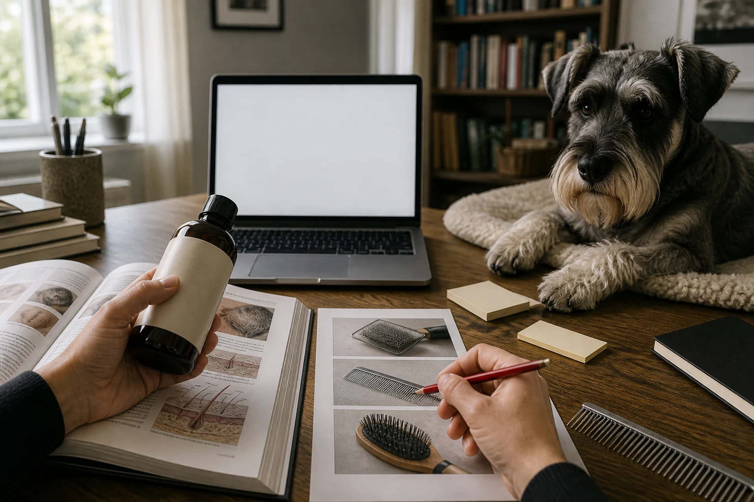 Illustration éditoriale générique avec documentation, ordinateur et chien