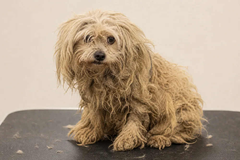 Chien avant toilettage, poil emmêlé et négligé