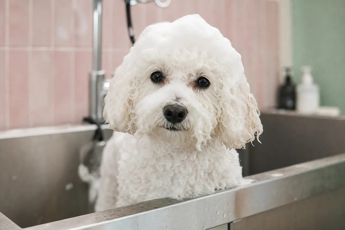 Chien au pelage bouclé recouvert de mousse pendant un bain de toilettage