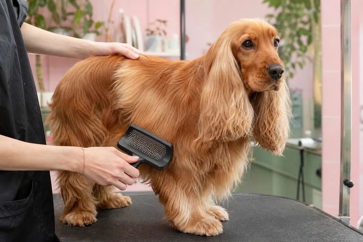 Toiletteuse brossant en douceur le poil long d'un Cocker au salon Au Figaro Canin