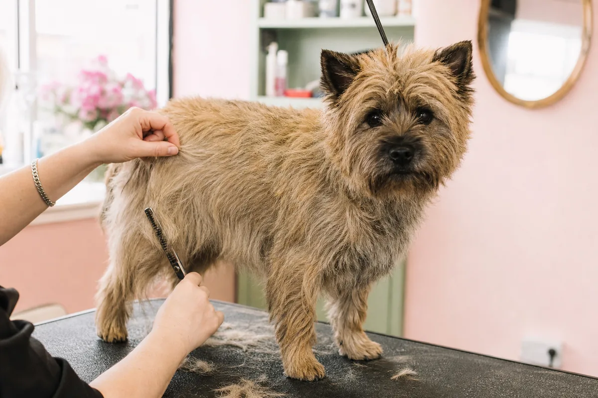Épilation à la main du poil dur d'un Cairn Terrier au salon de toilettage