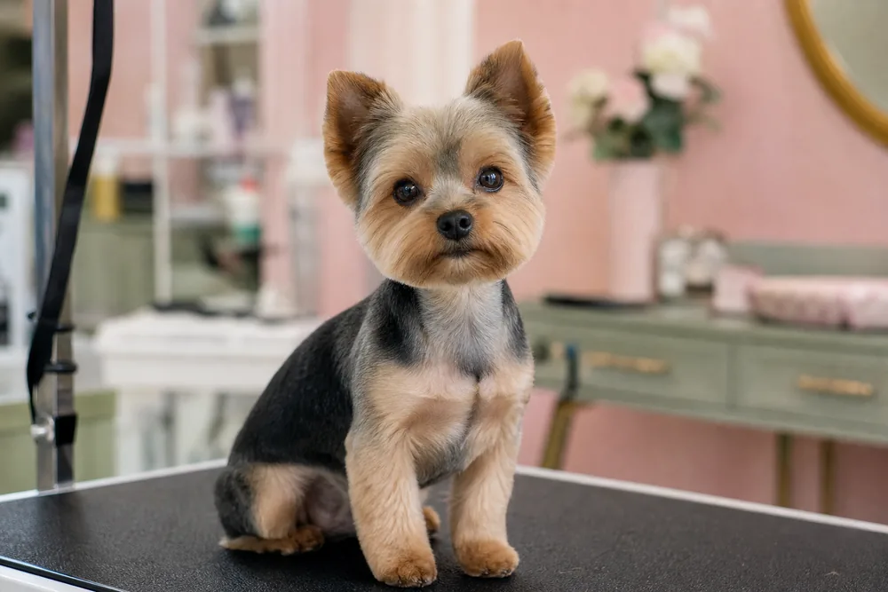 Petit Yorkshire Terrier fraîchement toiletté avec une coupe courte nette