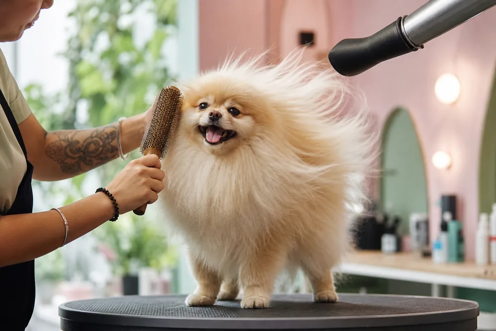 Poméranien séché et brossé, poil fluffy dressé par le pulseur