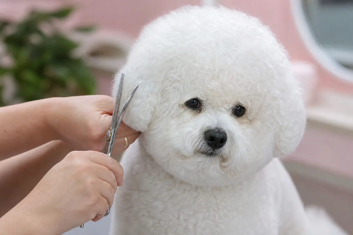 Mains d'un toiletteur réalisant une coupe aux ciseaux sur le pelage bouclé d'un chien