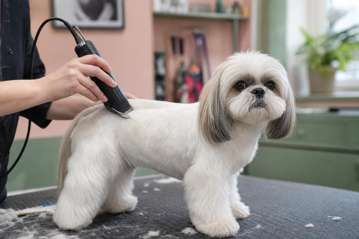 Toiletteur tondant le dos d'un Shih Tzu blanc à la tondeuse électrique